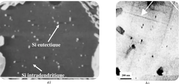 Figure 24 : a) Silicium précipité dans les dendrites d’un Al-6.8%wt.Si-0.36%wt.Mg lentement solidifié  après traitement thermique T6 [60], b) Observation MET d’un alliage A356 vieilli 6h à 235°C [132] 