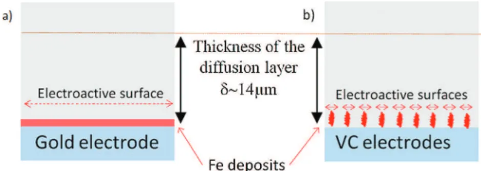 Fig. 4. a) Potential scan rate dependence of the voltamperometry curves (forward and backward, see arrows in a)) obtained on a rotating gold disk electrode, immersed in the FeCl 2 solution