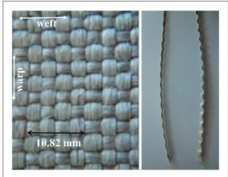 Figure 2 shows the tensile behavior of the fabric in each direction (warp and weft). Each point represented in the curve is the mean values of ﬁve tests performed in each direction
