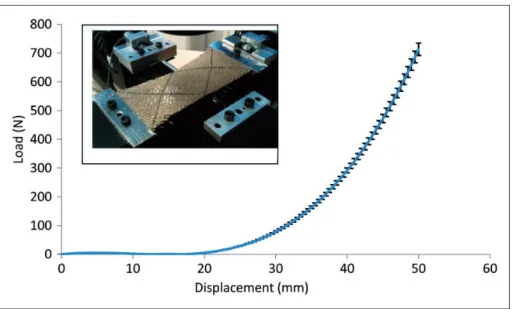 Figure 3. In-plane shear curve load–displacement with a picture of the bias extension test.