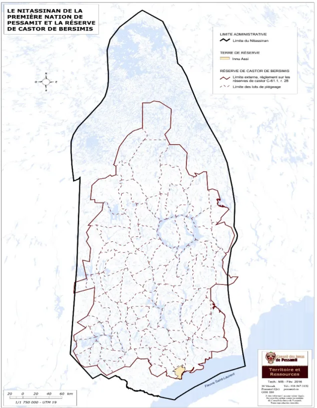 Figure 1 : Limites du Nitassinan, de la réserve à castor Bersimis et des territoires familiaux