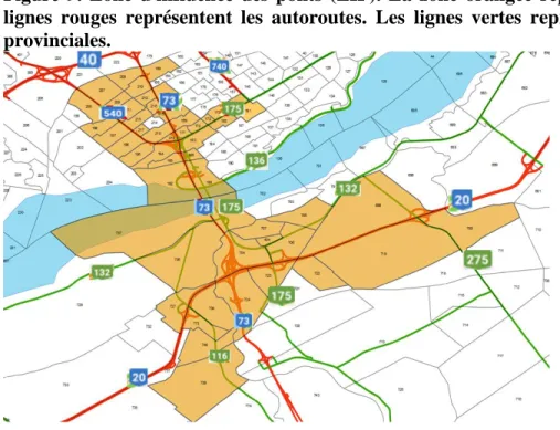 Figure  9.  Zone  d'influence  des  ponts  (ZIP).  La  zone  orangée  représente  la  ZIP