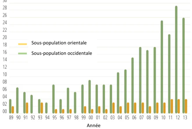 Figure 8: Recensement annuel des ourses suitées depuis 1989