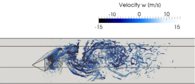 Fig. 10. Vortex shedding structure for the non-reacting case visualized by an iso- iso-contour of Q crit = 2 × 10 8 s −1 colored by transverse velocity w.