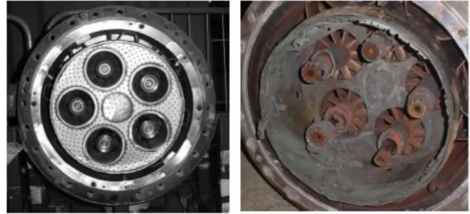 Figure 1.2: Burner configuration. Left: New system. Right: Damages caused by combustion instabilities [130].