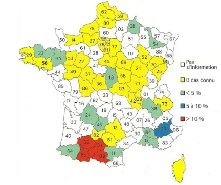 Figure 1: pourcentage de cheptels ovins connus infectés en France de 1996 à 2006 (Résultats d'une enquête   GDS sur la paratuberculose, Le Point vétérinaire, Hervé Petit, 2006)