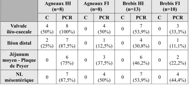 Tableau 6 : résultats positifs de la culture et de la PCR en fonction du niveau d'infection et des différents tissus   utilisés (étude expérimentale de Delgado et al., 2013)