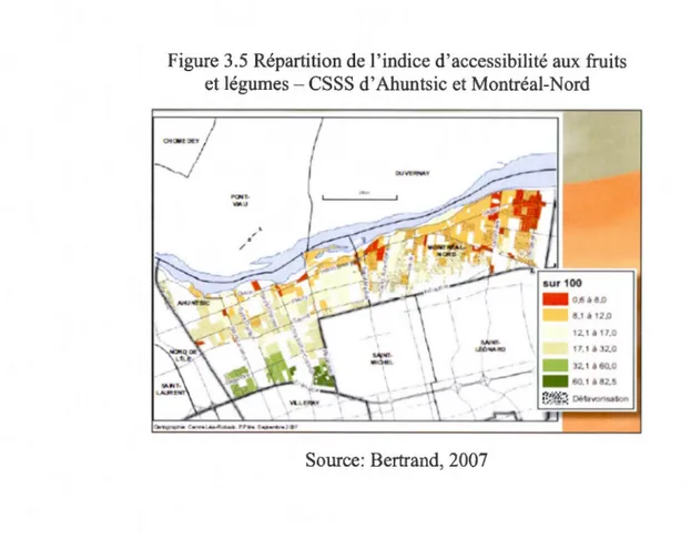 Figure 3.5  Répartition de  l'indice d'accessibilité aux  fruits  et légumes- CSSS d'Ahuntsic et Montréal-Nord 