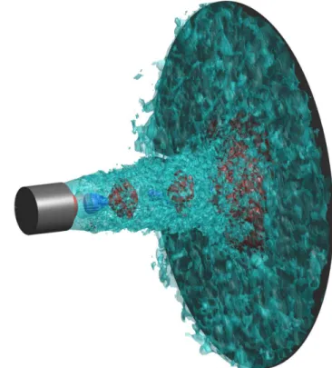 Figure 11. Isosurfaces of density for JetL9. The blue, cyan and red isosurfaces correspond to the values of 0.8, 1.25 and 2.5 kg.m − 3 , respectively