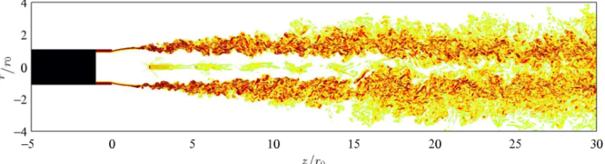 Figure 2. Snapshot in the (z, r) plane of the vorticity norm |ω| for Jetfree. The colour scale ranges up to the level of 10u e /D.