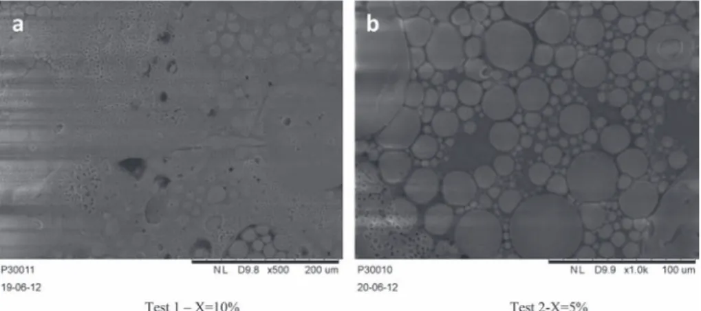 Fig. 17. Observation of the skin on the sample at low conversion for (a) Test 1 and (b) Test 2 (be careful both enlargements are different).