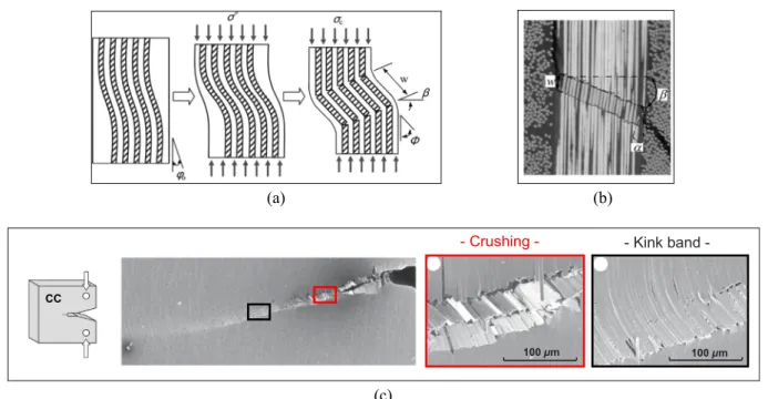 Fig. 1. Compressive ﬁber failure by kinking process: principle [11] (a), micrographic observation [12] (b) and micrographic observation during a CC test [12] (c).