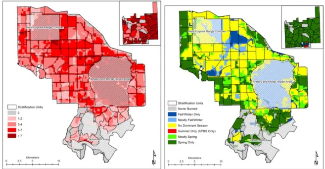 Figure  1:    Fire  frequency  (left)  and  seasonality  (right)  for  Fort  Riley  and  Konza  Prairie  Biological  Station (inset map) during the period 2001-2010