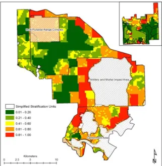 Figure 2:  Probability of vegetation degradation for Fort Riley and Konza Prairie Biological Station  (inset map)