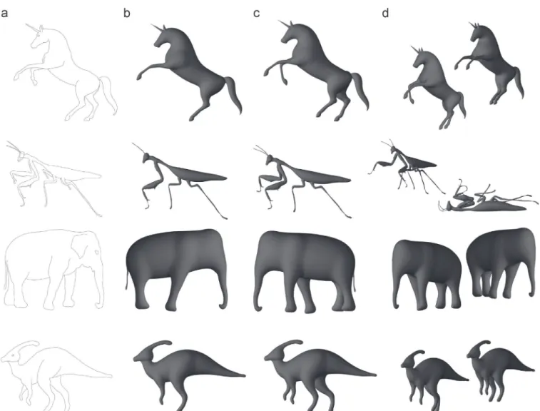 Fig. 13. Reconstruction of imaginary creatures and a rabbit made by four different users ranging from beginners to a professional computer graphics artist (the rabbit model).