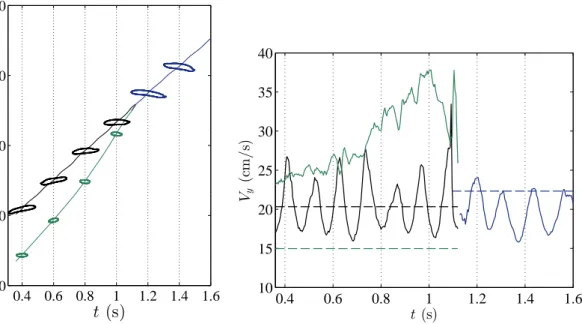 Figure 4.3 – Évolution des trajectoires et vitesses de bulles en tandem à Ar 1 = 3819 et