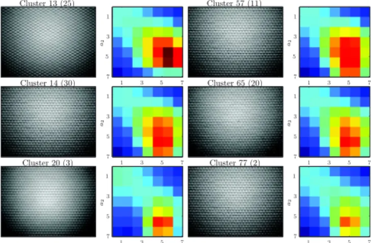 Fig. 4. Intra-cluster mean 49-features quantifying the mean anisotropic multiscale properties ˜S X (a 1 , a 2 ) of each of the 20 clusters obtained at coarse scale s = 26