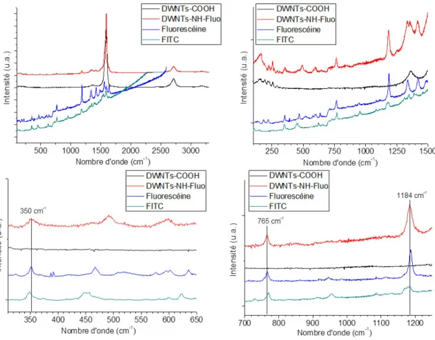 Figure 4.13 : Spectres Raman des DWNTs–COOH, DWNTs–NH–Fluo, de la fluorescéine et du FITC