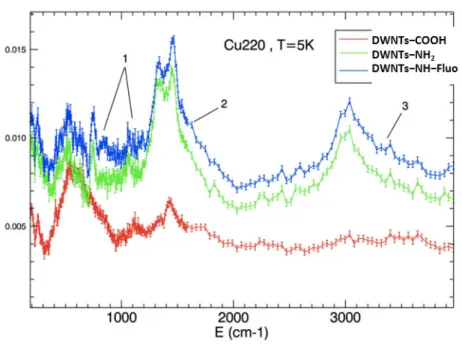 Figure 4.25 : Spectres vibrationnels par diffusion des neutrons des DWNTs–COOH (rouge),   des DWNTs–NH 2  (vert) et des  DWNTs–NH–fluo (bleu)
