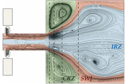 Figure 11.5: Time-averaged streamlines in the central cut plane of the single injector configuration
