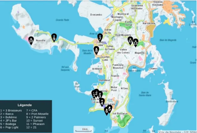 Figure 5: Carte des lieux de rencontre sélectionnés (Nouméa) 