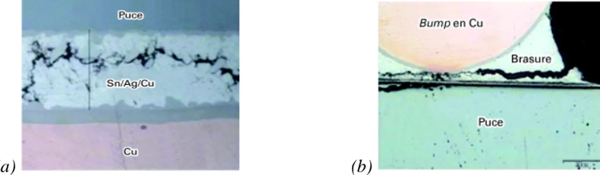 Figure 5 : Fissures dans des joints de brasure durant des cyclages thermiques, (a) assemblage  puce/substrat DBC, (b) technologie power bump interconnection (Boursat, 2006, Hansen and 