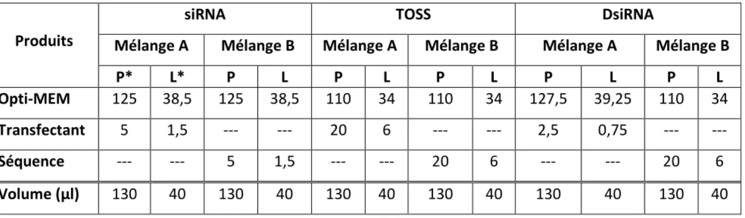 Tableau 3 : Mélanges permettant la transfection des différentes séquences inhibant l’expression globale du  gène ou de ses isoformes ou modulant l’épissage alternatif 