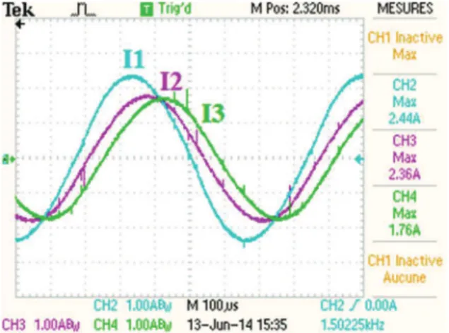 Fig. 7. Voltage V1 (CH1), induced voltages V2 (CH2), V3 (CH3) and  current I1 (CH4) 