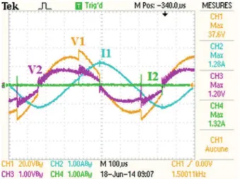 Fig.  9.  Phase  1  and 2  voltages  and  currents  during the  identification  step  on  phase  1  with  reduced  current  in  inverter  1