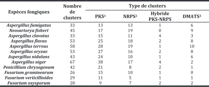 Tableau 2 : Clusters de gènes prédits  chez 12 espèces fongiques par le logiciel informatique SMURF  