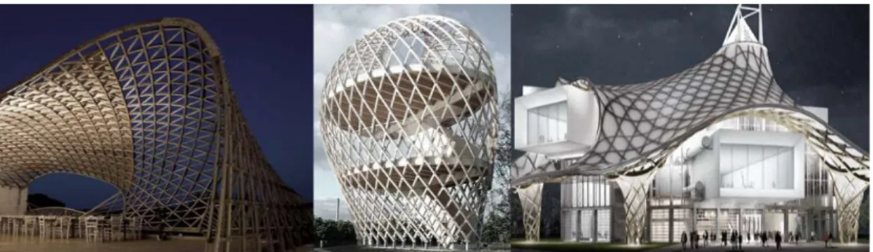 Figure 11. Left picture is the Toledo gridshell (Gridshell.it 2012), middle picture is the  Helsinki Zoo’s observatory tower (Paoli 2007), and right picture is the Centre Pompidou  Metz (Lewis 2011)