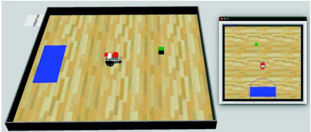Figure 1 : The experiment in Webots™. On the left, the rover inside the arena. On the right, the camera detection.