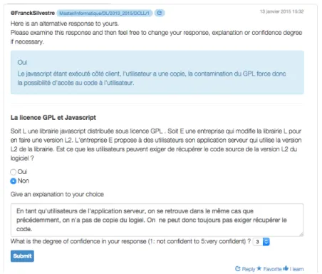 Fig. 2. Formulaire correspondant à la deuxième phase de soumission d’une réponse à une NP-Q  La troisième et dernière phase illustrée par Fig.3 présente les résultats obtenus par  l’ensemble  des  étudiants  ayant  participé  au  questionnaire  (la  barre 