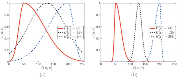 Figure 1.21 – Pondération (1.46) du niveau de gris, avec : (a) λ w = 9 ; (b) λ w = 144