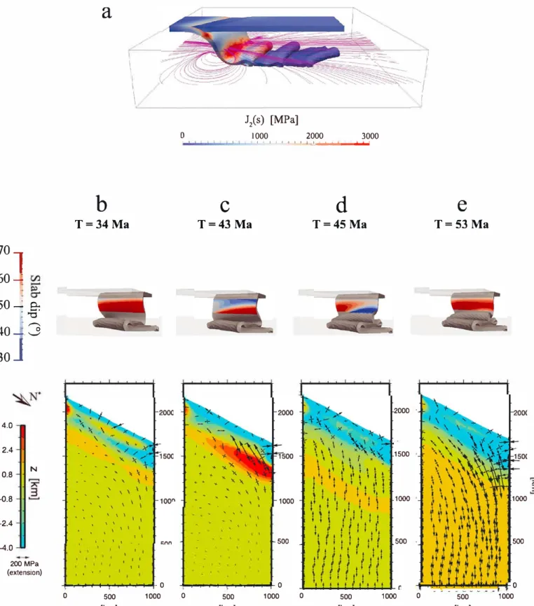 Figure 3. (a) Geometry of plates at final time (circa 85 Ma) for the oblique subduction experience