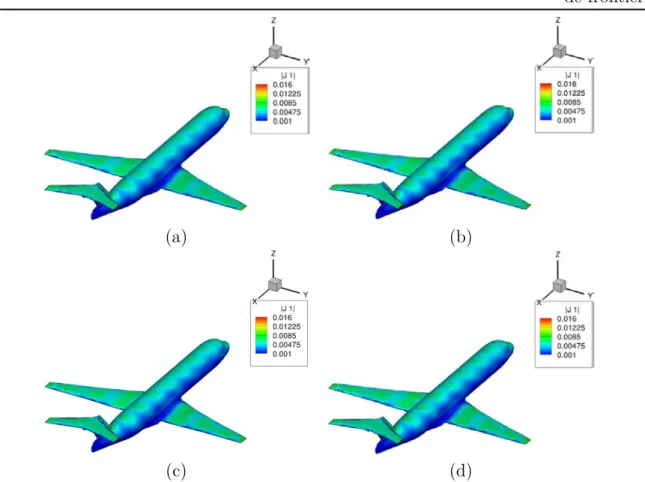 Figure 3.17 – Distribution de courants sur la surface de l’avion calculée avec la méthode (a) MoM-MLFMA (b) MoM-ACA ε ACA = 10 −2 (c) MoM-ACA ε ACA = 10 −3 (d)  MoM-ACA ε ACA = 10 −4