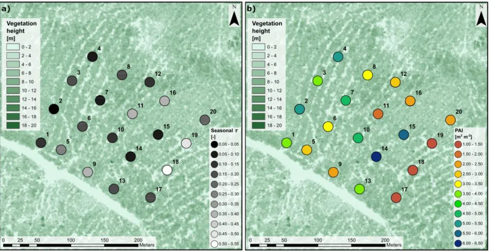 Figure 1.8: Spatial representation of (a) observed seasonal τ; and (b) PAI values at the 20 sub-canopy stations, over vegetation height map from LIDAR surveys (Source: Ministère  Forêts, Faune et Parcs du Québec).