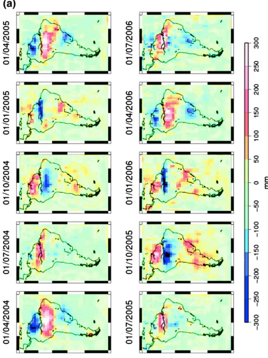 Fig. 7 Snapshots of 2-by-2 degree regional solutions of TWS over South America estimated from real GRACE RDP data and assuming σ m = 200 mm and σ p = 10 mm, and plotted at 3-month intervals revealing the dominant seasonal amplitudes of water mass over Sout