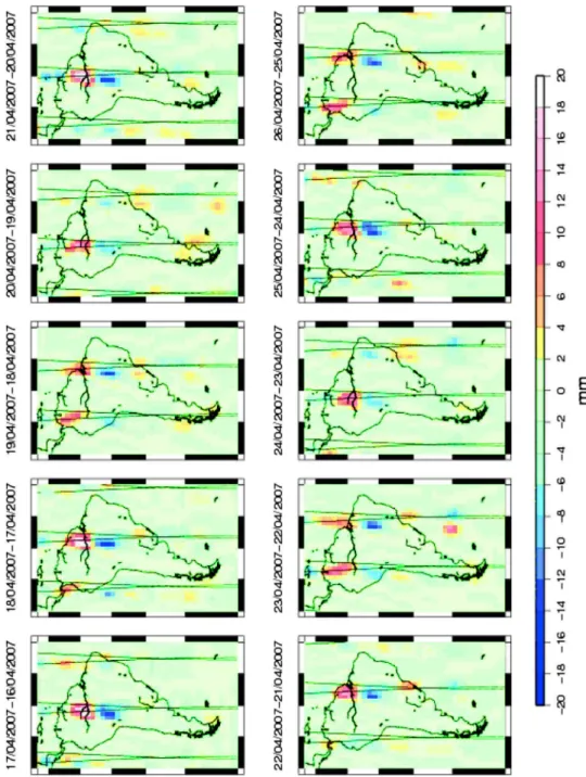 Fig. 9 Maps of the differences between successive Kalman filter solutions and the coverage of the corresponding GRACE satellite tracks used for the daily refreshing