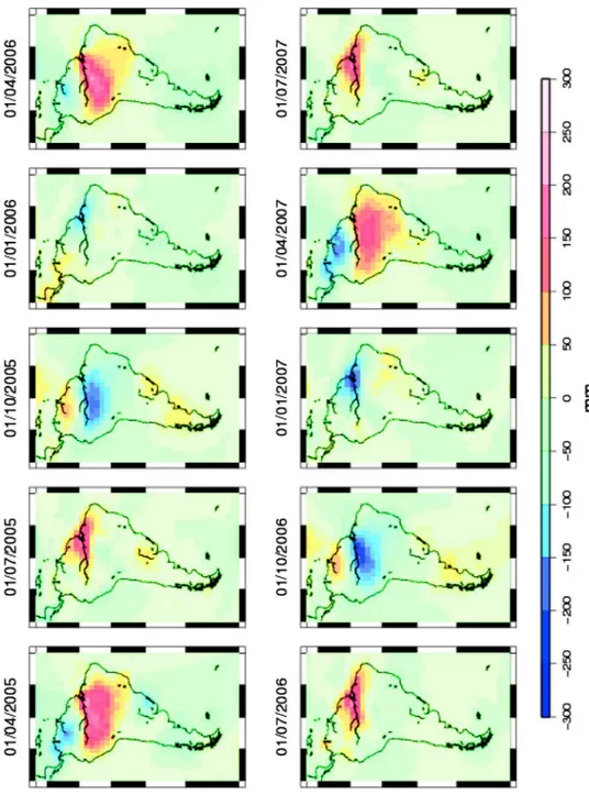 Fig. 4 Daily 2-by-2 degree regional maps of TWS over South America plotted at monthly intervals [units: mm of equivalent-water height (EWH)]