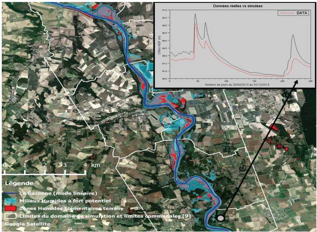 Figure 1. La Garonne est en bleu foncé, les milieux humides simulés par Accept’Hydro en bleu clair et les zones  humides issues des inventaires terrain en rouge (données du Conseil Général du Tarn-et-Garonne) ; un exemple 