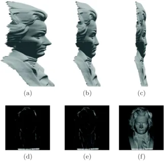Fig. 9: Effects of a bas-relief transformation. First line: reconstructed shapes with (a) λ = 1/2, (b) λ = 1  (orig-inal shape), and (c) λ = 2