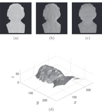 Fig. 2: Results of applying photometric stereo to the three images of Fig. 1: (a) ρ; (b) b p; (c)b q