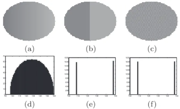 Fig. 4: Three different albedo configurations and the corresponding histograms: (a) has a significant entropy value, cf