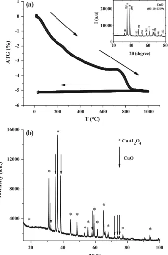 Fig. 1 a TGA plots indicating the evolution of the mixture. Inset the XRD pattern of the amorphous powder treated at 450 °C in air