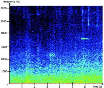 Figure 1. Spectrogram of an urban soundscape extract from the CIESS project. Spectral lines from alarm sounds appear around 2 seconds at 1200 Hz, and at 6 seconds at 3800 Hz