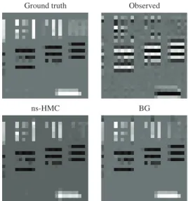 Fig. 2. Ground truth, observed and restored images using the proposed method (ns-HMC) and the BG regularization.