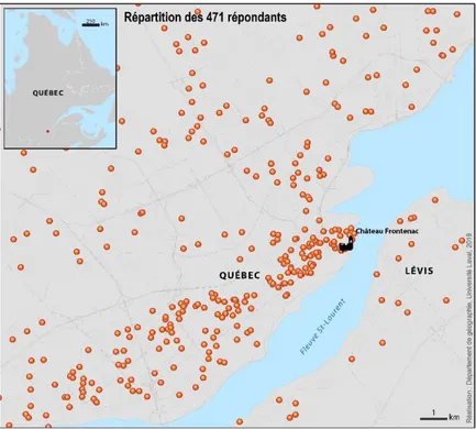 Figure 5-2 : Carte géographique des répondants  des régions Capitale-Nationale et Chaudière-Appalaches  Notes :  