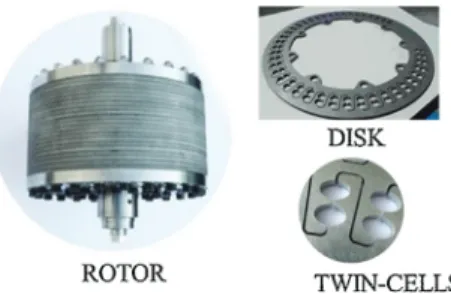 Fig. 1. The rotor and an engraved disk composed of twin-cells connected by ducts. The pictures were from Armen Instrument catalog [15].