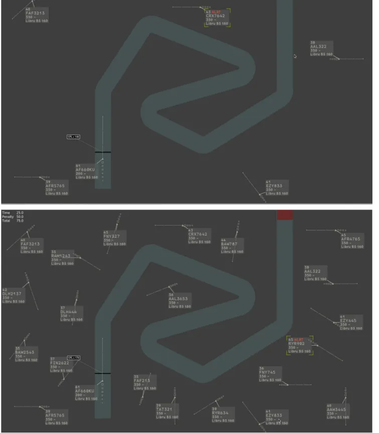 Fig. 1. Screenshot of the Laby microworld simulation. On the top, an example with 5 static peripheral aircraft positioned around the corridor